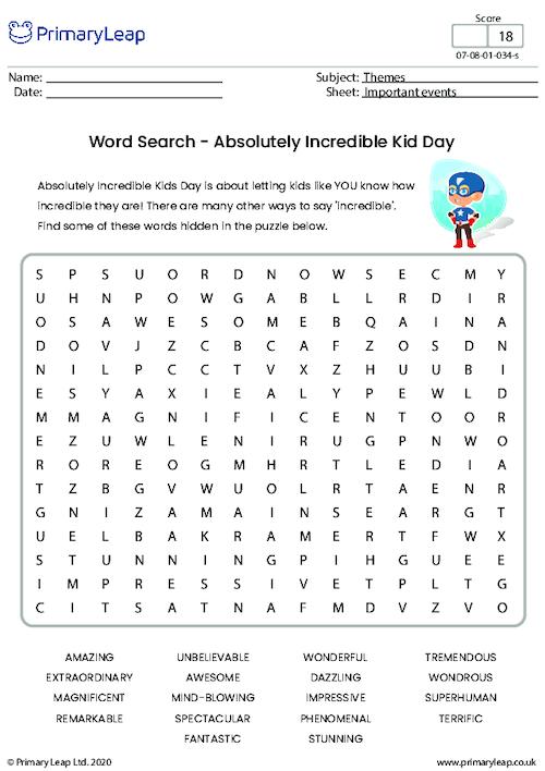 Absolutely Incredible Kid Day - Word Search