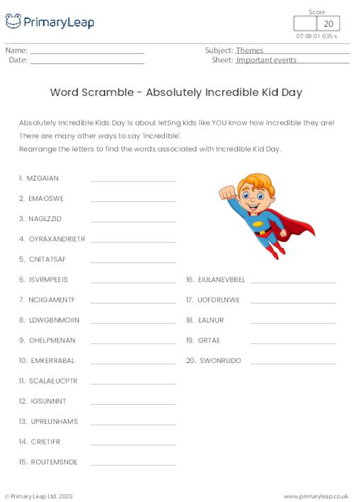 Absolutely Incredible Kid Day - Word Scramble