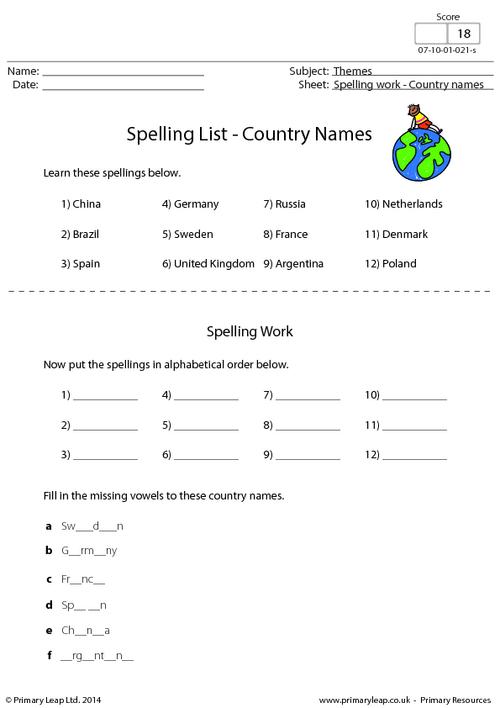 Spelling List - Country Names