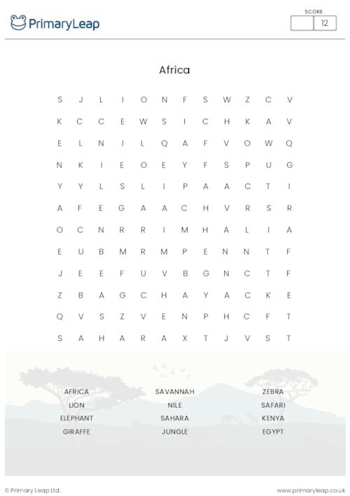 Geography Africa Word Search Worksheet PrimaryLeap co uk