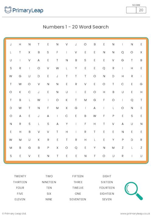 Numbers 1 - 20 Word Search
