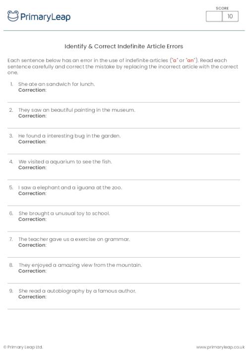 Esl: Identify & Correct Indefinite Article Errors