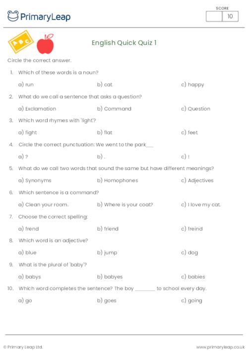 General Knowledge Y2 English Quick Quiz 1