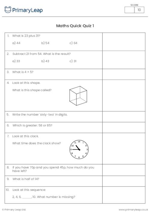 General Knowledge Y2 Maths Quick Quiz 1
