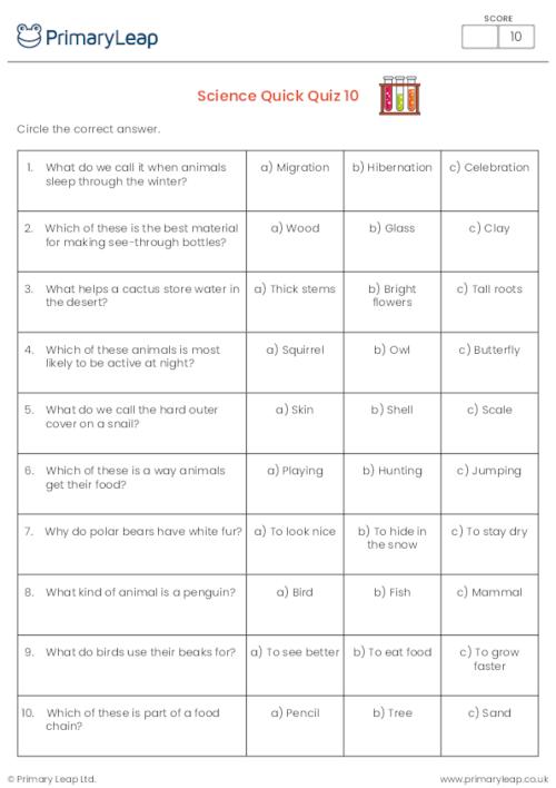 General Knowledge Y2 Science Quick Quiz 10