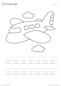 Colour the picture and trace the letters - Aeroplane