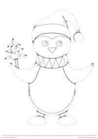 Christmas trace and colour - Penguin with a Christmas tree