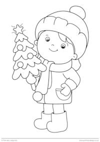 Christmas colouring page - Girl with Christmas tree