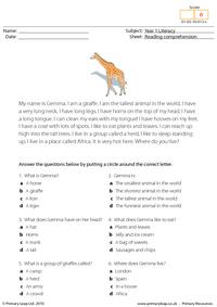 Reading comprehension - I am a giraffe (short text)