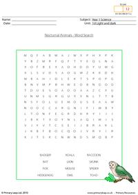 Nocturnal animals word search