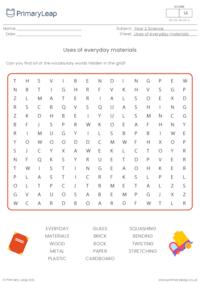 Uses of everyday materials word search