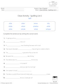 Cloze Activity - Spelling List 2 'wh'