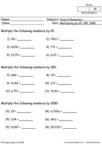Multiplying by 10, 100 and 1000