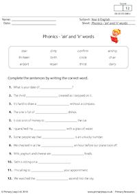 Phonics - 'air' and 'ir' words