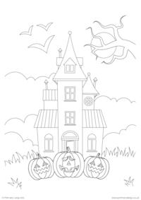 Haunted House with Pumpkins Colouring Page