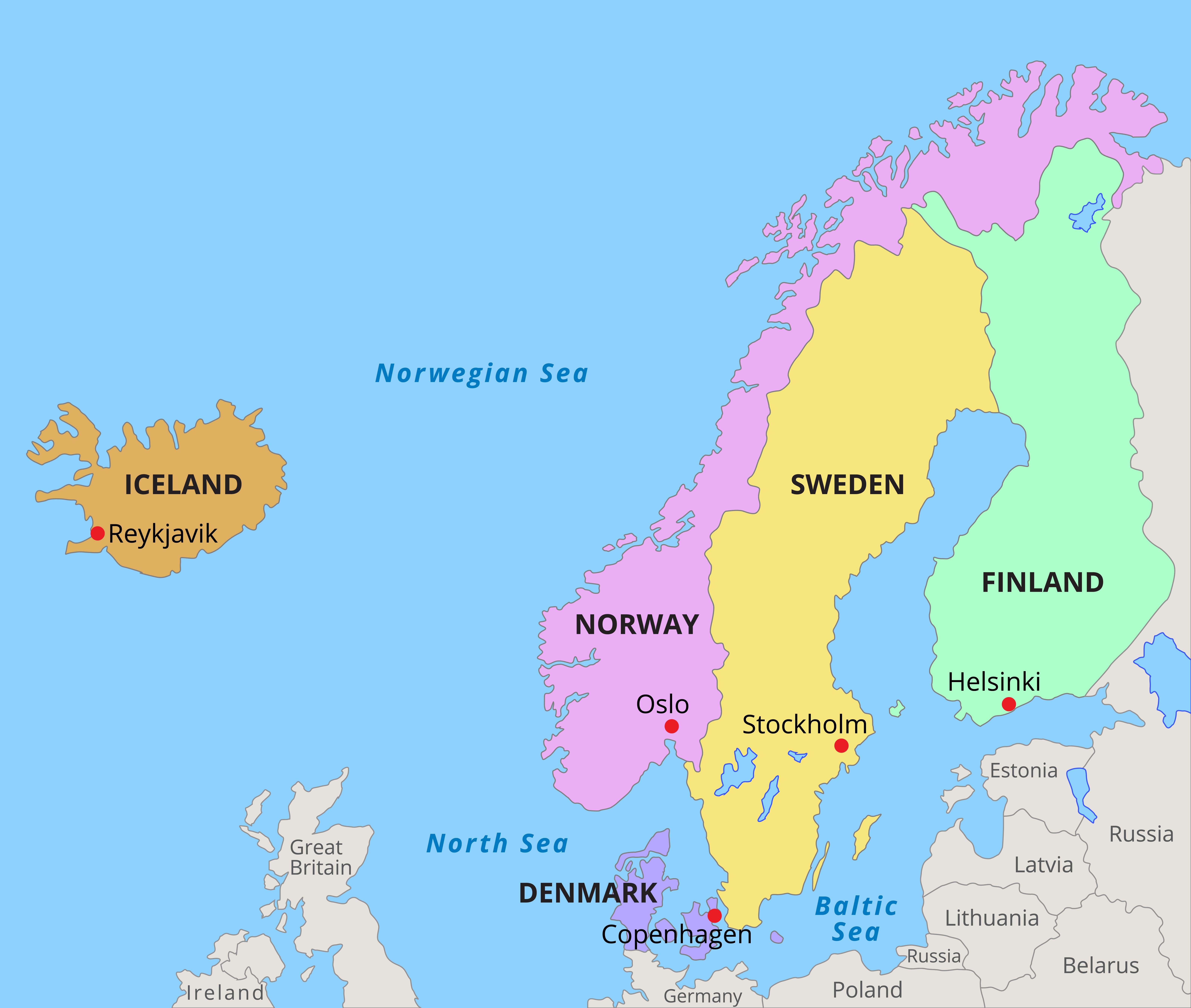 Какие страны находятся на скандинавском полуострове. Скандинавия на карте. Карта скандинавских стран. Политическая карта скандинавского полуострова. Страны Скандинавии на карте.